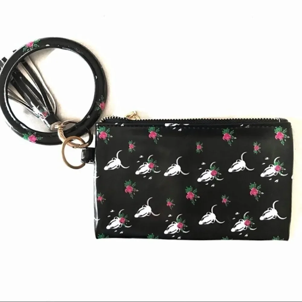 Western Skull Floral Print Wristlet Clutch